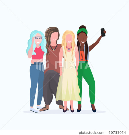 women group taking selfie photo on smartphone camera mix race girls having fun female cartoon 50735054