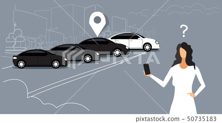 frustrated woman searching car with location geo tag on parking using mobile application carsharing 50735183