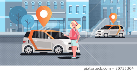 cars with location pin on road online ordering taxi car sharing concept mobile transportation woman 50735304