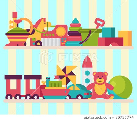 Baby toy shop shelf in flat cartoon style. Kids game teddy bear, pyramid, doll. Children fun and 50735774