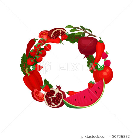 Red wreath of various vegetables and fruits. Vector illustration on white background. 50736882