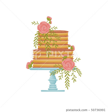 Two-tier striped caramel cake on a blue stand with a leg. Vector illustration on white background. 50736991