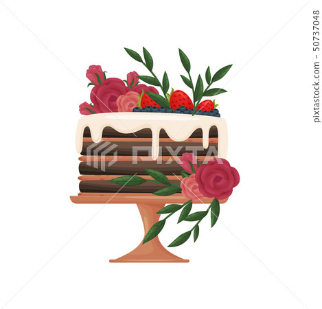 Chocolate striped cake with white icing. Decorated with flowers, strawberries and blueberries Chocolate striped cake with white icing. Decorated with flowers, strawberries and blueberries 50737048