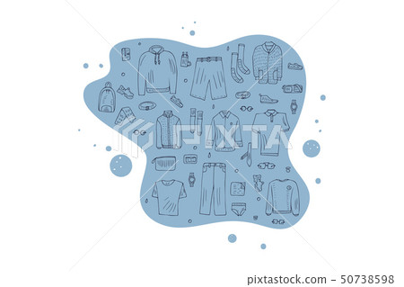Men clothes and accessories set in doodle style. 50738598