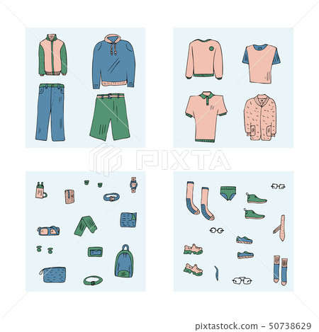 Men clothes and accessories set in doodle style. 50738629