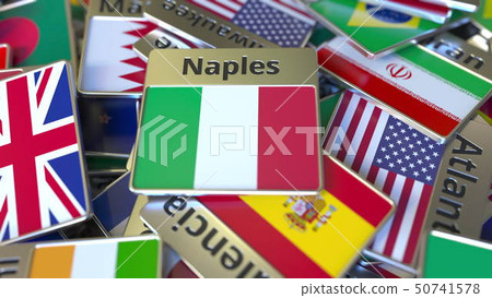 Souvenir magnet or badge with Naples text and national flag among different ones. Traveling to Italy 50741578