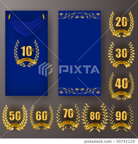 Set of anniversary card, invitation with laurel wreath, numbers. Decorative gold emblem of jubilee 50742129