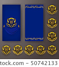 Set of anniversary card, invitation with laurel wreath, numbers. Decorative gold emblem of jubilee 50742133