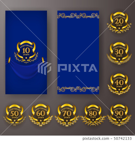 Set of anniversary card, invitation with laurel wreath, numbers. Decorative gold emblem of jubilee Set of anniversary card, invitation with laurel wreath, numbers. Decorative gold emblem of jubilee 50742133