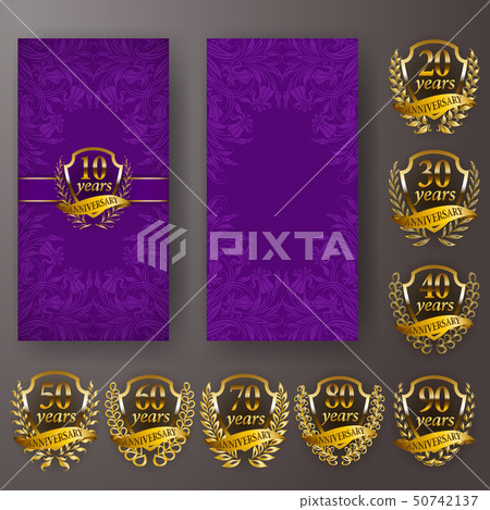 Set of anniversary card, invitation with laurel wreath, numbers. Decorative gold emblem of jubilee Set of anniversary card, invitation with laurel wreath, numbers. Decorative gold emblem of jubilee 50742137