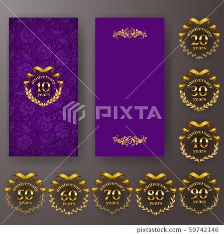 Set of anniversary card, invitation with laurel wreath, number. Decorative gold emblem of jubilee on Set of anniversary card, invitation with laurel wreath, number. Decorative gold emblem of jubilee on 50742146