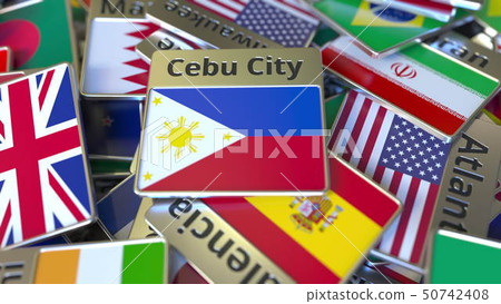 Souvenir magnet or badge with Cebu City text and national flag among different ones. Traveling to 50742408