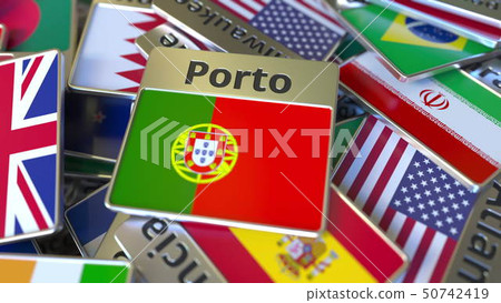 Souvenir magnet or badge with Porto text and national flag among different ones. Traveling to 50742419