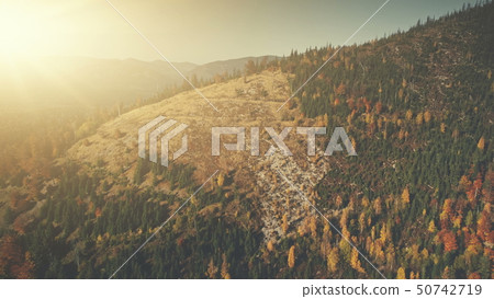 Highland deforestation soft sun beam aerial view 50742719