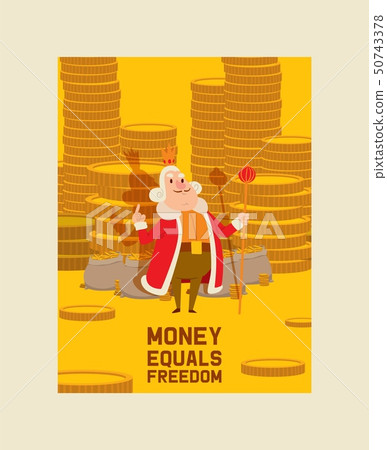 Kings money character vector cartoon royal man with gold coins illustration monetary saving backdrop 50743378