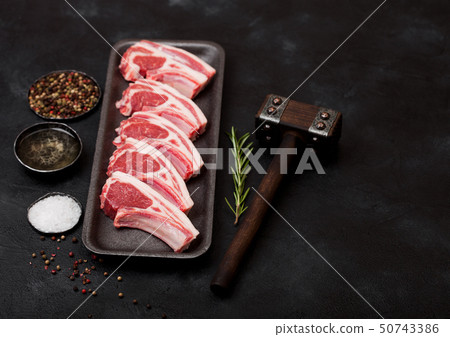 Fresh raw butchers lamb beef cutlets in tray Fresh raw butchers lamb beef cutlets in tray 50743386