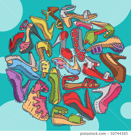 Woman shoes elegant high pair footwear round pattern vector illustration. Stiletto fashionable girl Woman shoes elegant high pair footwear round pattern vector illustration. Stiletto fashionable girl 50744385