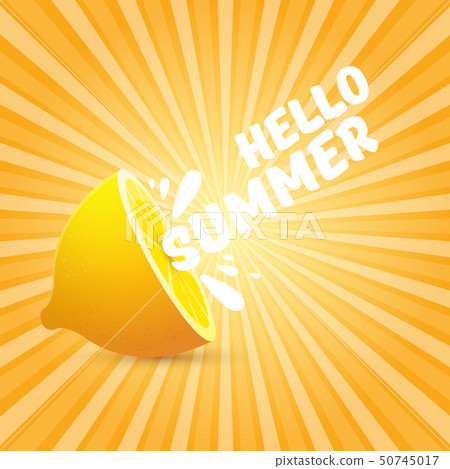 Vector Hello Summer Beach Party Flyer Design template with fresh lemon on orange sky with rays of 50745017