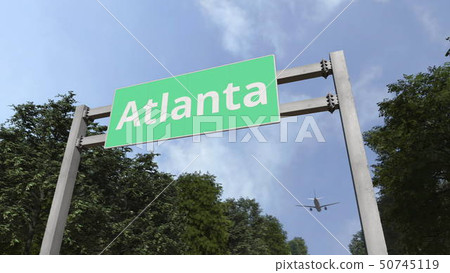 Airplane flies above road sign of Atlanta, United States. 3D rendering 50745119