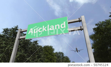 Plane arrives to the city of Auckland, New Zealand. 3D rendering 50745124
