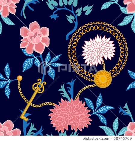Floral print with golden keys. Floral print with golden keys. 50745709