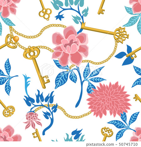 Floral print with golden keys. Floral print with golden keys. 50745710
