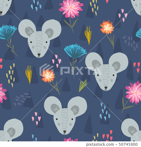 Cute dark blue pattern with mouse heads and flower 50745800