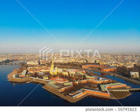 Beautifull aerial view of the Petropavlovsky fortress in sunny spring day. Golden tall spire of Beautifull aerial view of the Petropavlovsky fortress in sunny spring day. Golden tall spire of 50745823