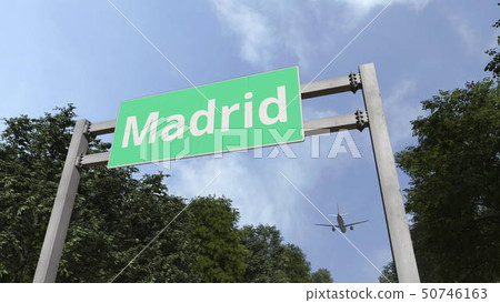 Commercial airplane arriving to Madrid, Spain. 3D rendering 50746163