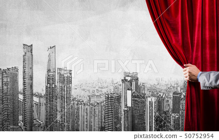 Drawn modern cityscape behind drapery curtain and hand opening it Drawn modern cityscape behind drapery curtain and hand opening it 50752954