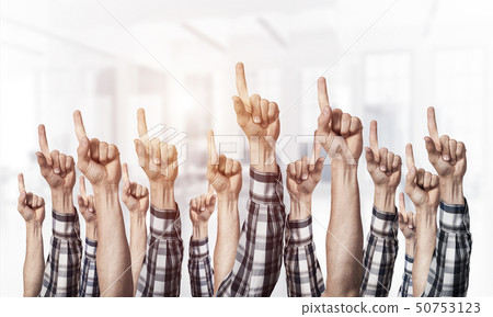 Row of man hands showing finger pointing gesture 50753123
