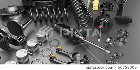 Auto parts spare parts car on the grey background. 3D rendering Auto parts spare parts car on the grey background. 3D rendering 50759309