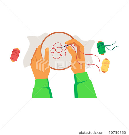 Hands holding hoop with canvas and embroidering flower cartoon style Hands holding hoop with canvas and embroidering flower cartoon style 50759860