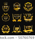 Set of gold vip monograms for graphic design on black background. 50760769
