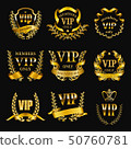 Set of gold vip monograms for graphic design on black background. 50760781
