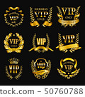 Set of gold vip monograms for graphic design on black background. 50760788