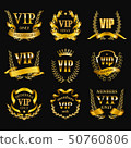 Set of gold vip monograms for graphic design on black background. 50760806