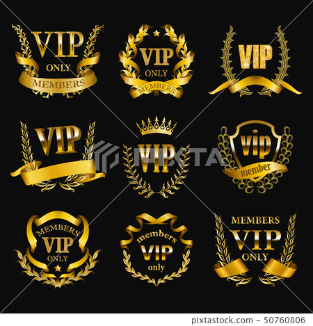 Set of gold vip monograms for graphic design on black background. 50760806