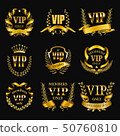 Set of gold vip monograms for graphic design on black background. 50760810