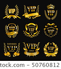 Set of gold vip monograms for graphic design on black background. 50760812
