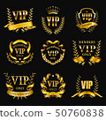 Set of gold vip monograms for graphic design on black background. 50760838
