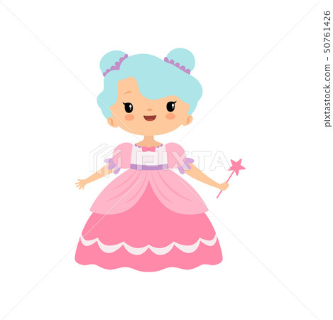 Cute Little Fairytale Princess Girl in Pink Dress with Magic Wand Cartoon Vector Illustration Cute Little Fairytale Princess Girl in Pink Dress with Magic Wand Cartoon Vector Illustration 50761426