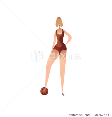 Woman basketball player standing with the ball. Vector illustration on white background. 50762441