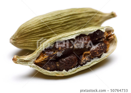 Cardamom pods and seeds isolated on white Cardamom pods and seeds isolated on white 50764733