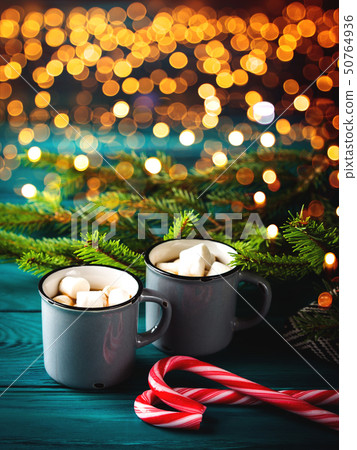 Hot chocolate. Christmas drink, festive lights 50764936