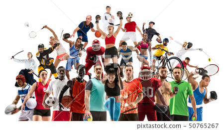 Sport collage about female athletes or players. The tennis, running, badminton, volleyball. 50765267
