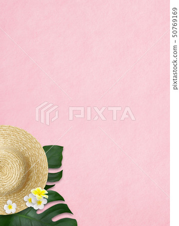 Background-Sea-Summer-Beach-Monstera-Plumeria-Straw Hat-Pink Background-Sea-Summer-Beach-Monstera-Plumeria-Straw Hat-Pink 50769169