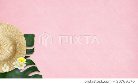 Background-Sea-Summer-Beach-Monstera-Plumeria-Straw Hat-Pink 50769170
