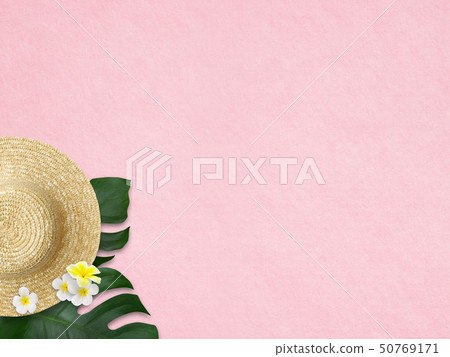 Background-Sea-Summer-Beach-Monstera-Plumeria-Straw Hat-Pink Background-Sea-Summer-Beach-Monstera-Plumeria-Straw Hat-Pink 50769171