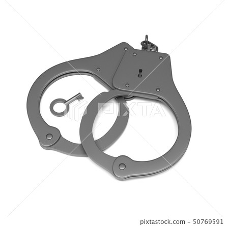 Closed handcuffs with a key. 3d rendering illustration isolated 50769591
